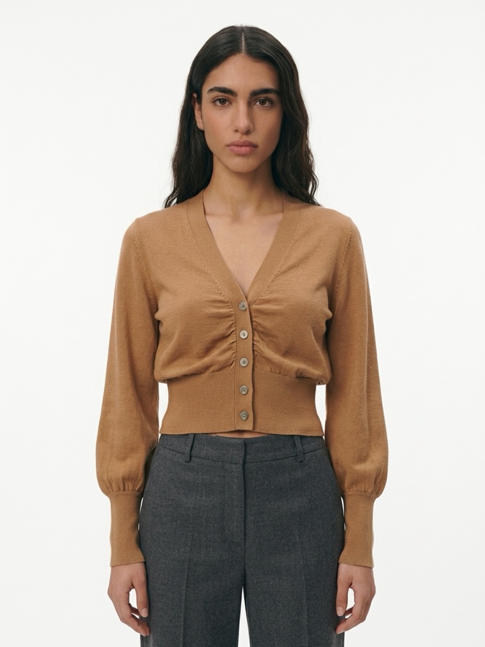 COLORUSH | Cropped V-Neck Button Cardigan in Camel Tan Women’s Size X-Small